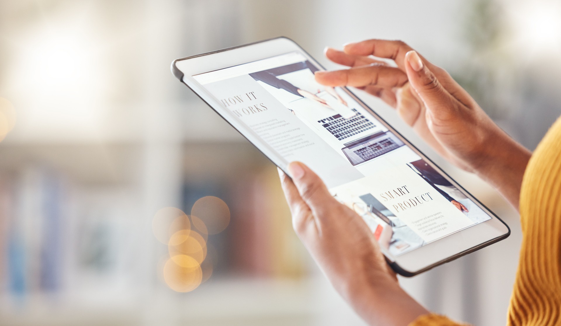 Web design, research and hands with a tablet for work, programming or check on the internet. Connection, office and an employee with technology for a website, ux development or an online blog
